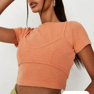 Missguided women’s size 4 rib overlay bralet crop tee in orange NWTs